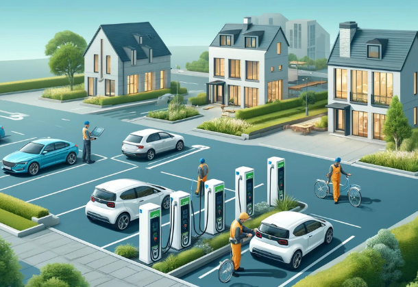 Technicians installing Tobor EV Charging Stations in a modern residential area. Electric vehicles and bikes are connected to the new Electric Vehicle Charging Stations, with greenery highlighting the eco-friendly aspect of the installation.